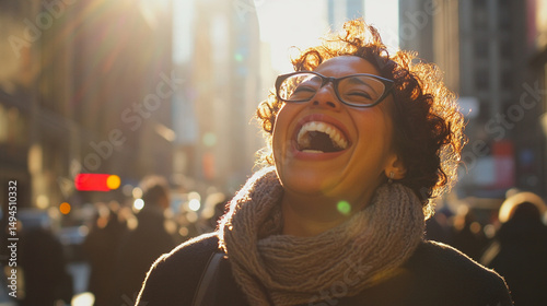Woman bursts into laughter on busy city street
