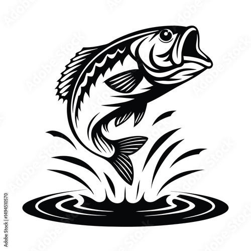 Jumping Largemouth Bass Illustration, Black and White, Water Splash, Aquatic Animal