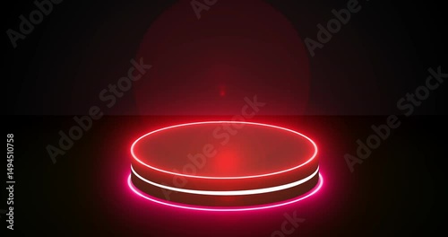Minimalist podium with light in 4K.Suitable for product showcase, presentation, and promotion. Shiny Red and Pink Light Stage BG with Black Cylinder Podium.Empty display podium.