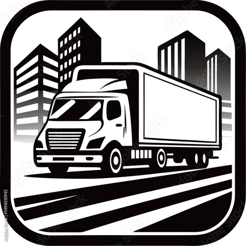 Stylized black and white illustration of a delivery truck on city streets.