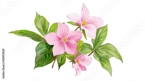 Watercolor botanical illustration of pink flowers and green leaves, showcasing delicate beauty and vibrant colors