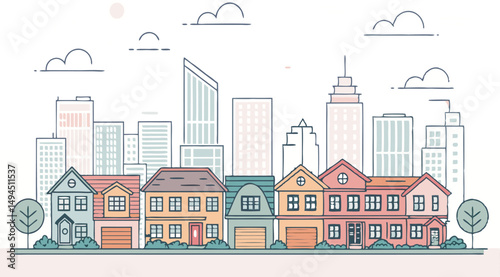 Colorful suburban houses with a modern city skyline in the background.