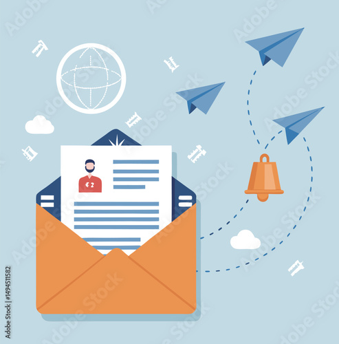 Illustration of an envelope with a document, surrounded by paper airplanes and a globe.