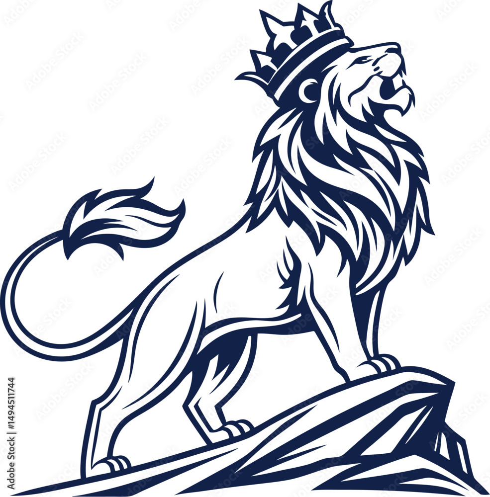 Fototapeta premium Majestic Crowned Lion Standing on Rock - Royal Line Art Vector