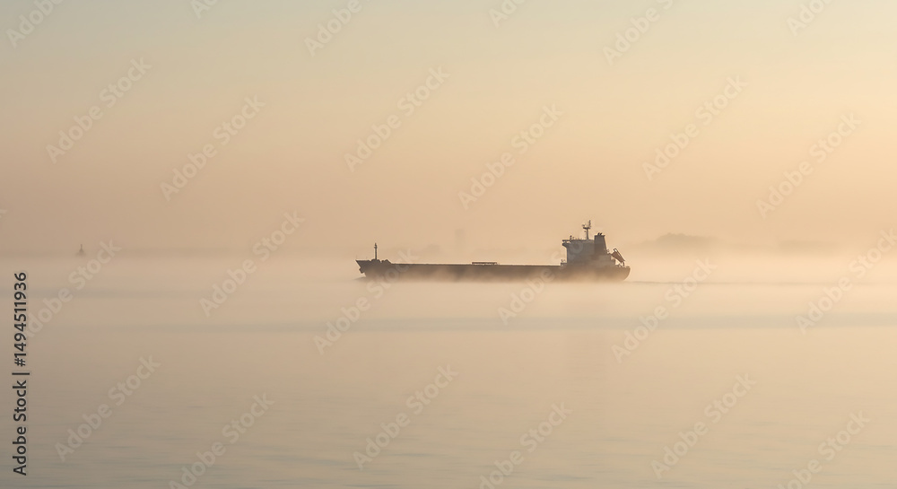 A large cargo ship sailing through a thick fog with a light orange sky in the background at dawn A large cargo ship sailing through a thick fog with a light orange sky in the background at dawn