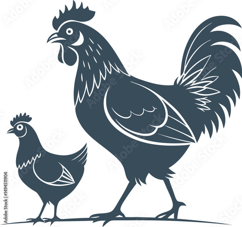 Illustration of a rooster and hen silhouette in a playful design.