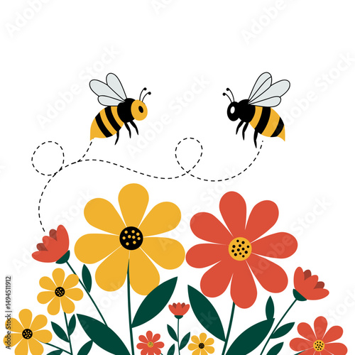 Two bees flying over colorful flowers in a simple illustration  