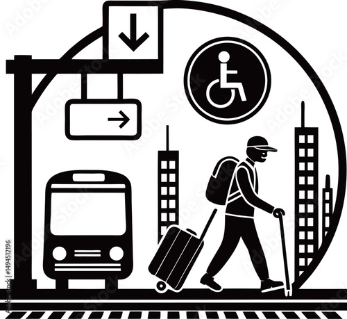 A male traveler with a suitcase walks near a train station, showcasing urban mobility.