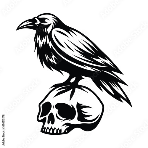 Raven perched atop skull, black and white, intricate silhouette design, ominous, gothic art