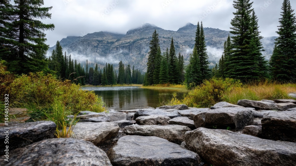 Obraz premium Scenic view of lake in pine forest with tree and rock concept. Serene lake surrounded by lush pine trees and majestic mountains.