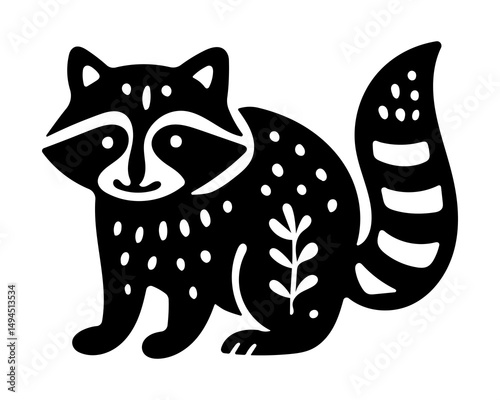 Rustic style figurine with a raccoon. Ethnic sticker. Bohemian animal silhouettes and floral patterns on Scandinavian style textiles. Handmade relief image of a raccoon in the style of linocut.