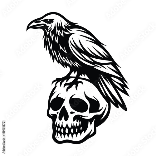 Raven Perched on Skull Black & White | Gothic Symbol | Bird and Cranium Art