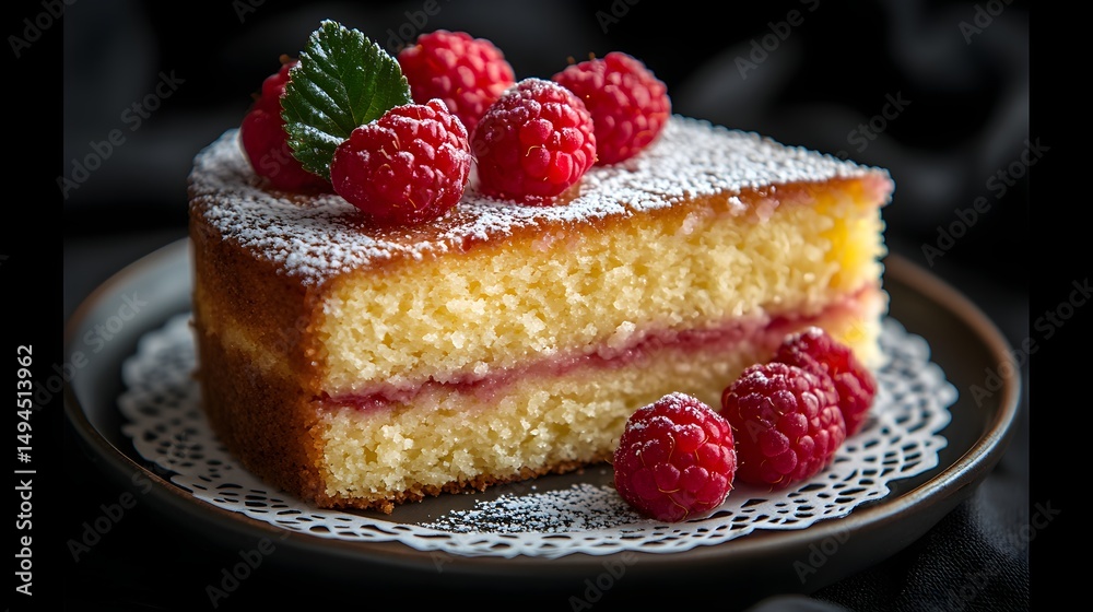 Top view of a classic Victoria Sponge cake slice on a red plate Top view of a classic Victoria Sponge cake slice on a red plate