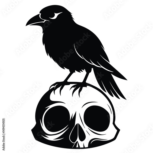 Raven Perched on Skull, Silhouette Style, Monochrome, Minimalist Bird, Gothic, Dark Art