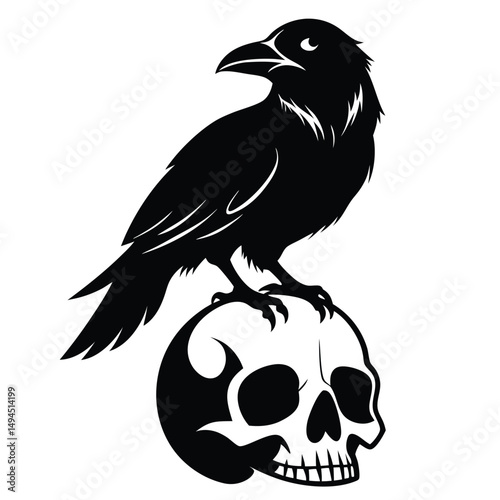 Raven Perched on Skull, Isolated Silhouette, Halloween Style, Ominous Sign, Gothic Art