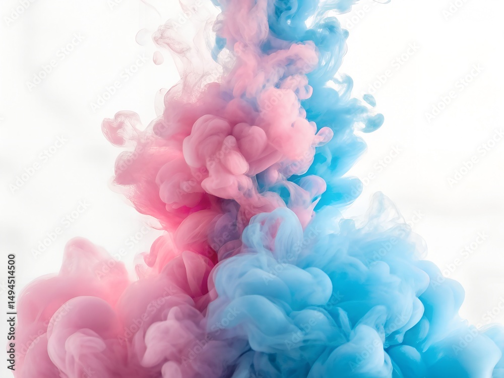 Fototapeta premium Abstract pink and blue ink clouds swirling in water, creating a dreamy and ethereal effect against a white background