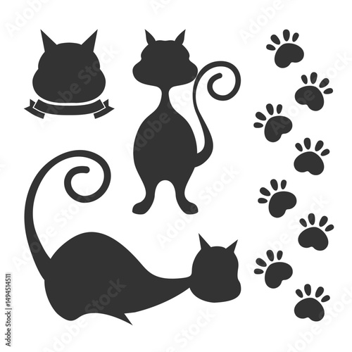 Cat silhouette icon with curly tail and paw print,cute minimal black vector illustration for pet themed design decoration
