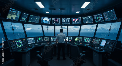 A captain stands at the helm of a ship surrounded by navigation screens and ocean views at dusk or dawn