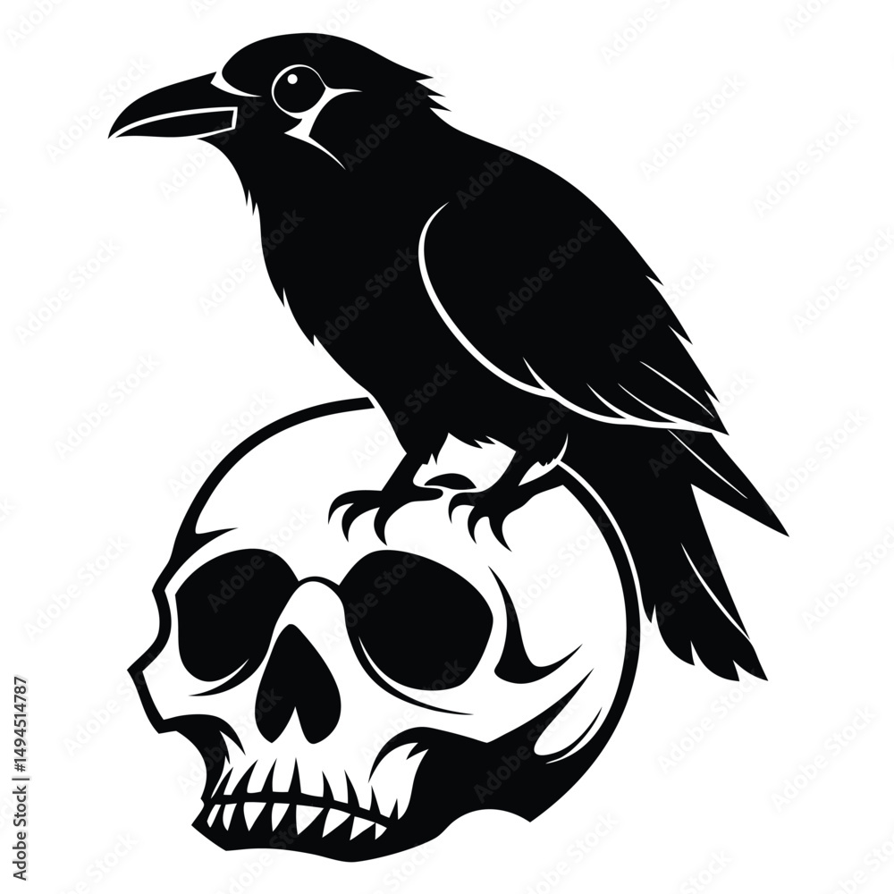 Fototapeta premium Black Silhouette Raven Perched on Skull Bird, Skull, Death Symbol Isolated Art