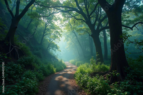 Sunny foggy morning in a dense broadleaf forest. The sun's rays break through the crowns of old trees and fall on a winding dirt road going deep into the forest.