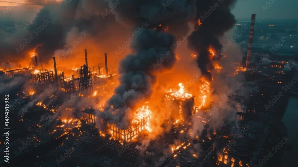 Inferno of Industry: An aerial perspective of a raging industrial fire ...