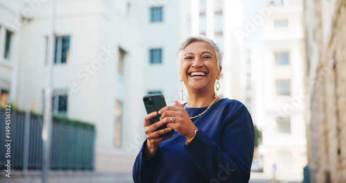 Smile, portrait and phone with business woman in city for communication, real estate listing and connection. Networking, client feedback and property viewing schedule with mature person outdoor