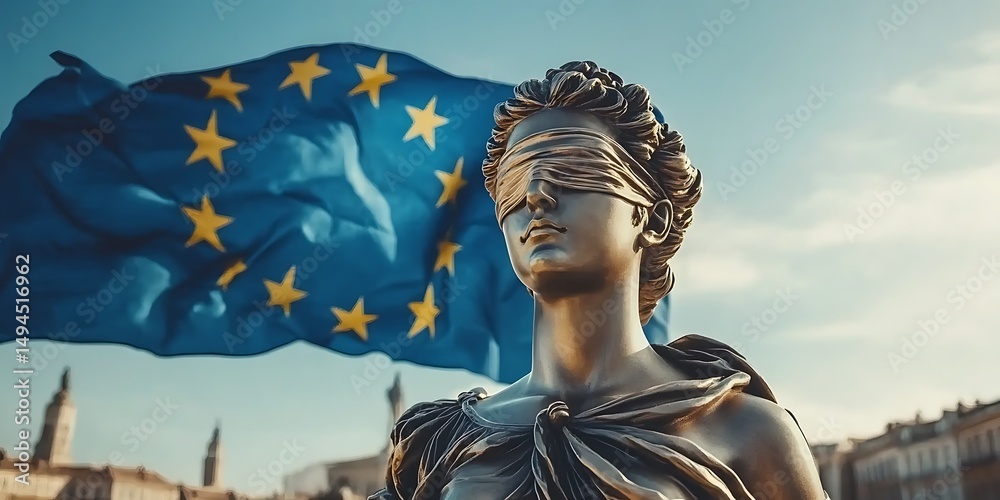 Obraz premium Justice statue, EU flag background