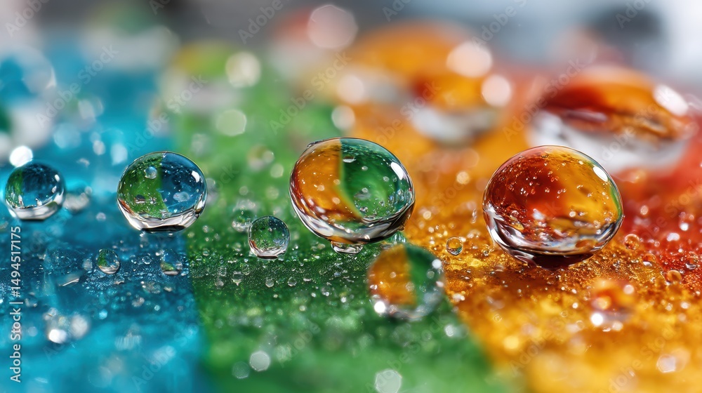 Naklejka premium Macro Water Droplets on Colorful Surface, Capturing Reflection and Texture