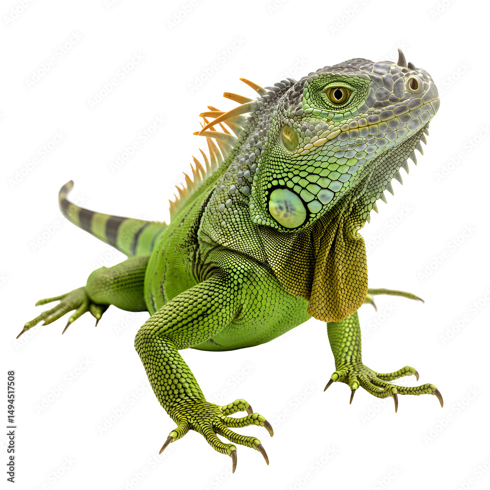 Fototapeta premium Striking Green Iguana Sitting Still Reptilian Pet Wild Animal Tropical