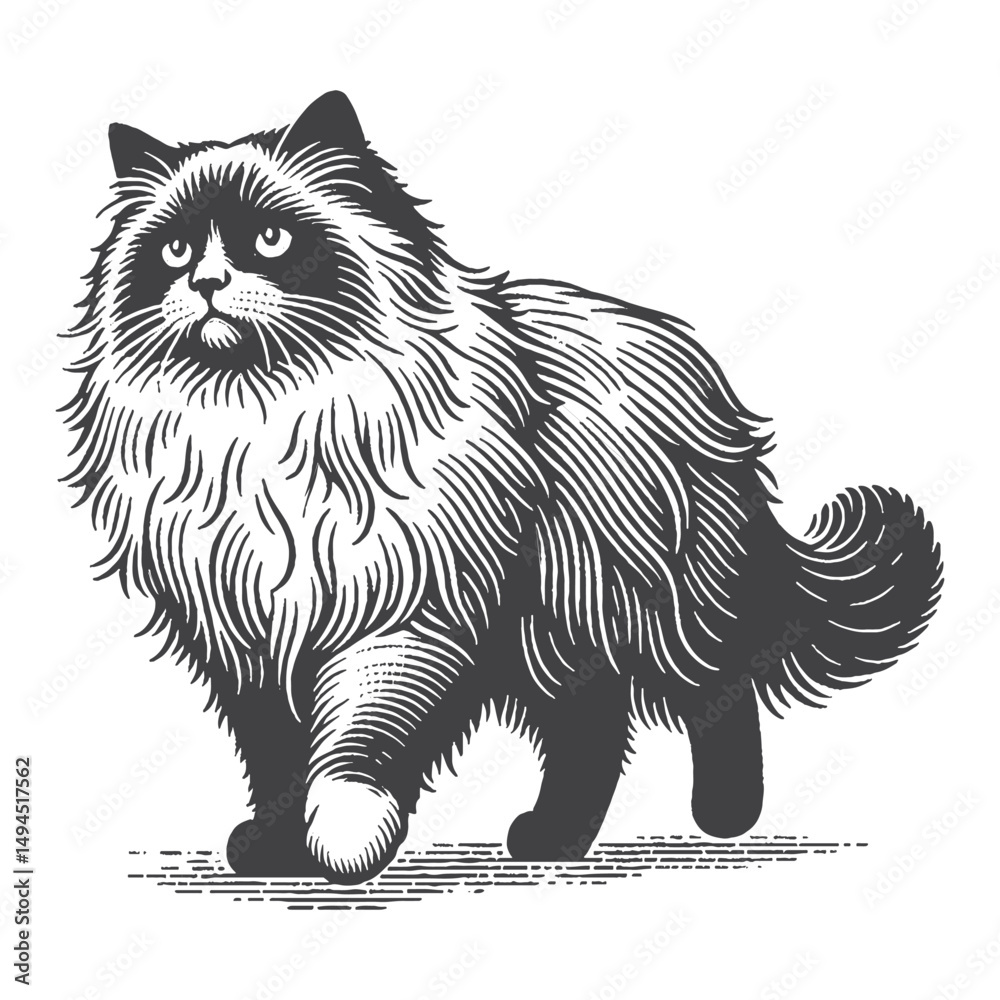 Obraz premium Vintage Hand-Drawn Ragdoll Cat Walking Illustration – Graceful Feline Engraved Style Vector for T-Shirts, Posters, Stickers, and Pet Lover Apparel