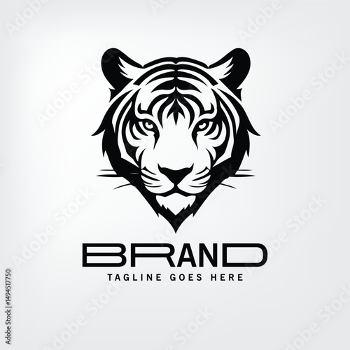Tiger head logo design, featuring a stylized black and white graphic in a minimalist style. Powerful and regal tiger head, presented on a plain background, suitable for branding and logo design.