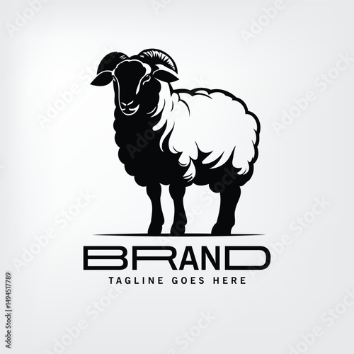 Black and white silhouette of a ram with a prominent curled horn, standing in profile view against a light gray background.
