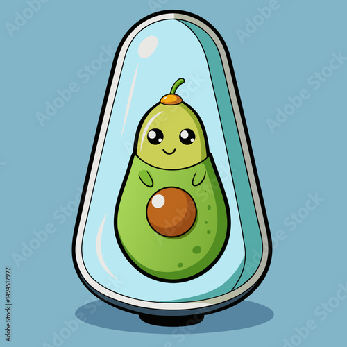 Futuristic Avocado Emerging from Cryogenic Pod Sci-Fi Cartoon Vector Design