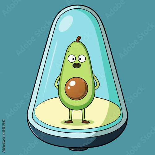 Futuristic Avocado Emerging from Cryogenic Pod Sci-Fi Cartoon Vector Design
