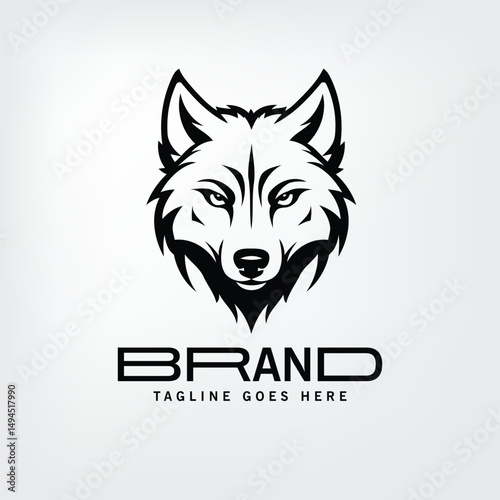 Wolf head logo design in black and white; Bold, stylized graphic in minimalist design. Logo for brand use in various media. Use for business branding and marketing.