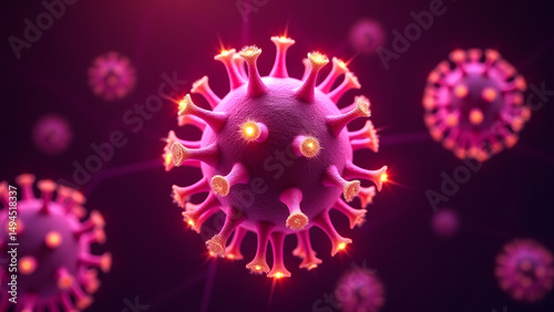 Pink filamentous virus with glowing yellow star appendages, scientific microscopic visualization with grid background.