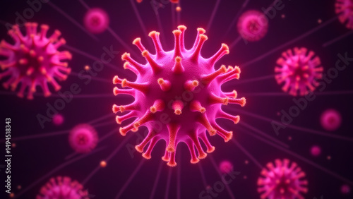 Pink filamentous virus with glowing yellow star appendages, scientific microscopic visualization with grid background.