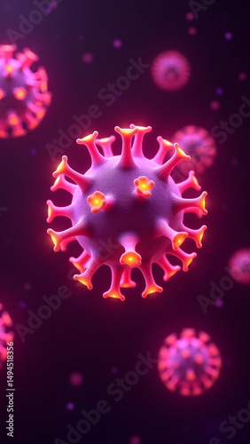 Pink filamentous virus with glowing yellow star appendages, scientific microscopic visualization with grid background.