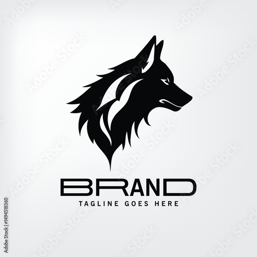 Black and white logo of a wolf's head with stylized fur details, featuring a bold design. A simple, powerful brand image suitable for a variety of businesses and applications.