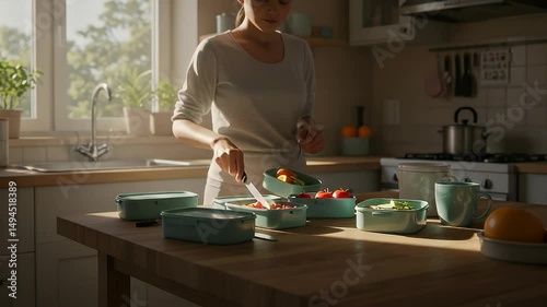 Woman packs healthy lunch in teal boxes in a sunlit kitchen for meal prep