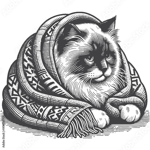 Vintage Hand-Drawn Ragdoll Cat Wrapped in Blanket Illustration – Cozy Feline Engraved Style Vector for T-Shirts, Posters, Stickers, and Pet Lover Apparel