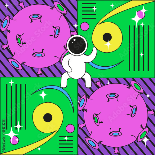 Surreal Cosmic vector illustration. Astronaut on the modern Geometric vibrant color background. Astronaut on the moon. Perfect Sur art for card poster copybook cover. 