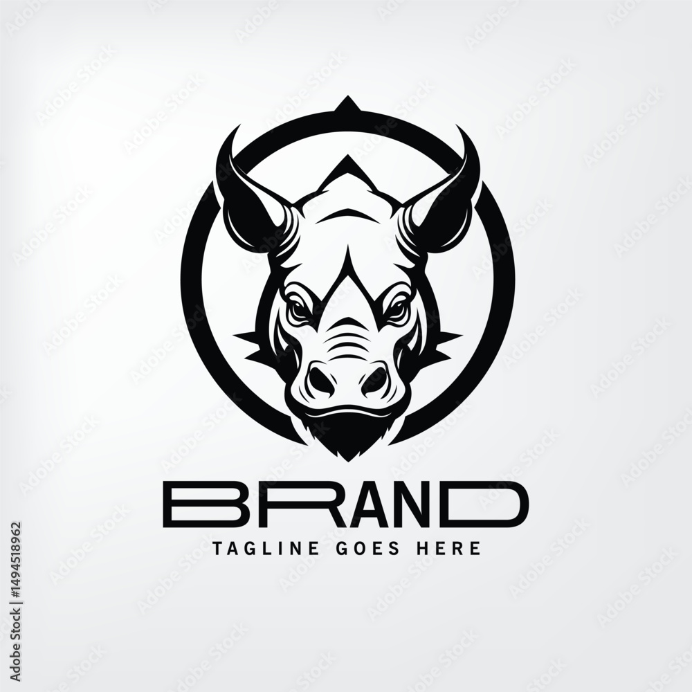 Fototapeta premium Black and white graphic logo of a bull's head in a circle with a company name and tagline, suitable for a business logo design or branding project.