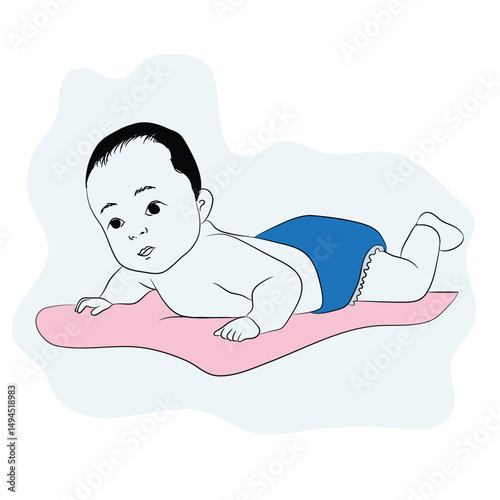 Vector image of a baby lying on their stomach, lifting head and chest during tummy time — a sign of healthy neck and upper body development.