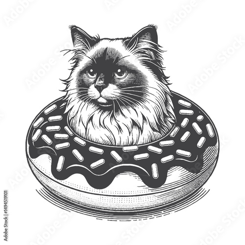 Vintage Hand-Drawn Ragdoll Cat With Donut Floatie Illustration – Playful Feline Engraved Style Vector For T-Shirts, Posters, Stickers, And Summer Beach Apparel