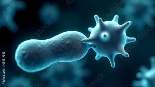Glowing bacillus and geometric virus in microscopic detail, cyan outlines against dark background with bokeh microbes.