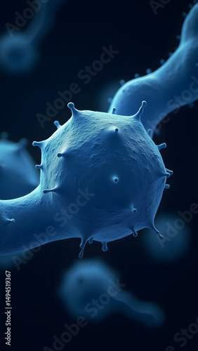 Glowing bacillus and geometric virus in microscopic detail, cyan outlines against dark background with bokeh microbes.