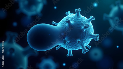 Glowing bacillus and geometric virus in microscopic detail, cyan outlines against dark background with bokeh microbes.