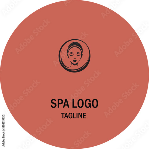 Spa logo design featuring a woman with a head wrap in a terracotta color background. Simple, elegant design with the words "SPA LOGO" and "TAGLINE" in a professional, clean aesthetic.