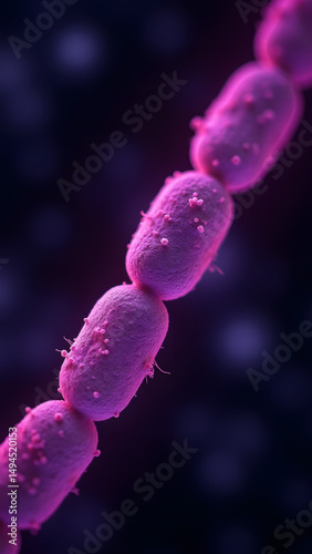 Chain bacteria and spiral virus glowing magenta under microscope, contrasting linear and helical forms.